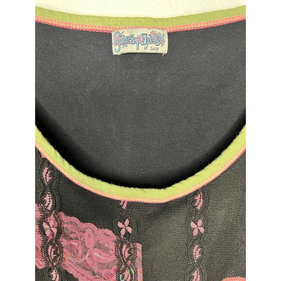Gypsy Daisy Black & Pink Floral Lace Mesh Y2K Top Sz Large - Picture 6 of 7